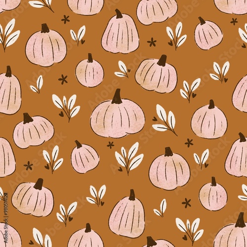 Autumn pattern with pumpkins and small flowers. Design for wrapping paper, textile and wallpaper.