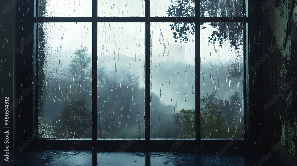 rainy afternoon scene, with droplets clinging to the windowpane and a misty landscape