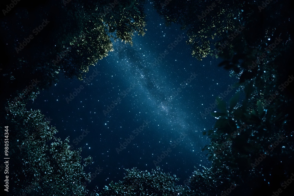 Obraz premium A dark night sky with stars and the Milky Way galaxy in view. 