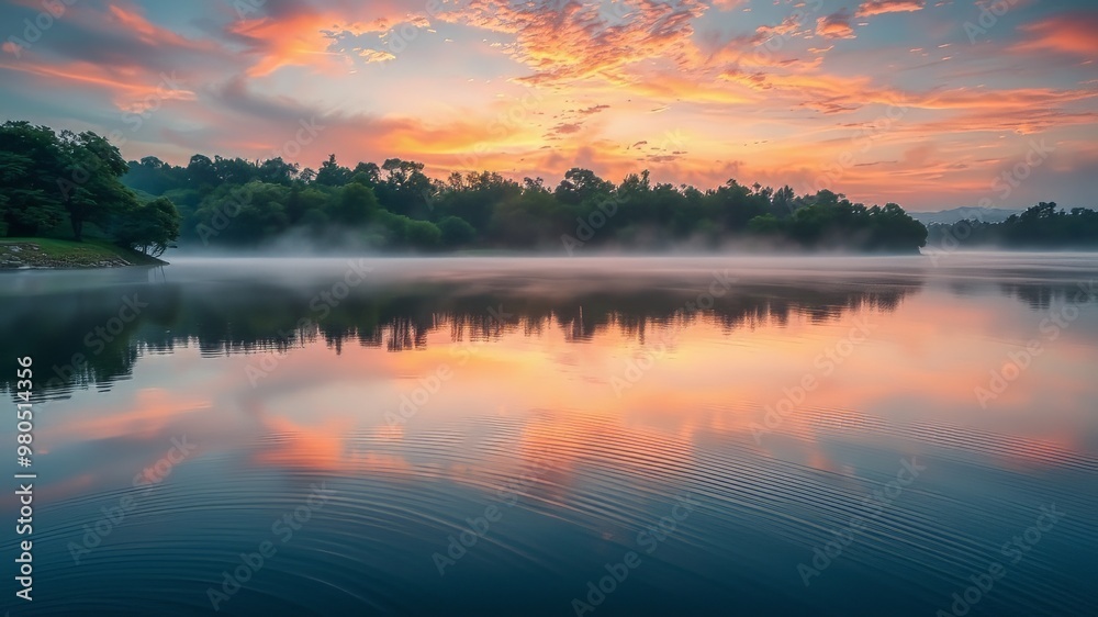 A serene morning scene at a tranquil lake with a misty sunrise sky, calm water reflecting the surrounding A serene morning scene at a tranquil lake with a misty sunrise sky, calm water reflecting the surrounding