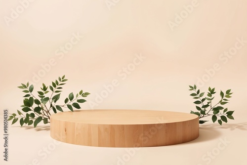 A wooden podium with green leaves on a neutral background, ideal for product presentations, nature-themed designs, or eco-friendly concepts.