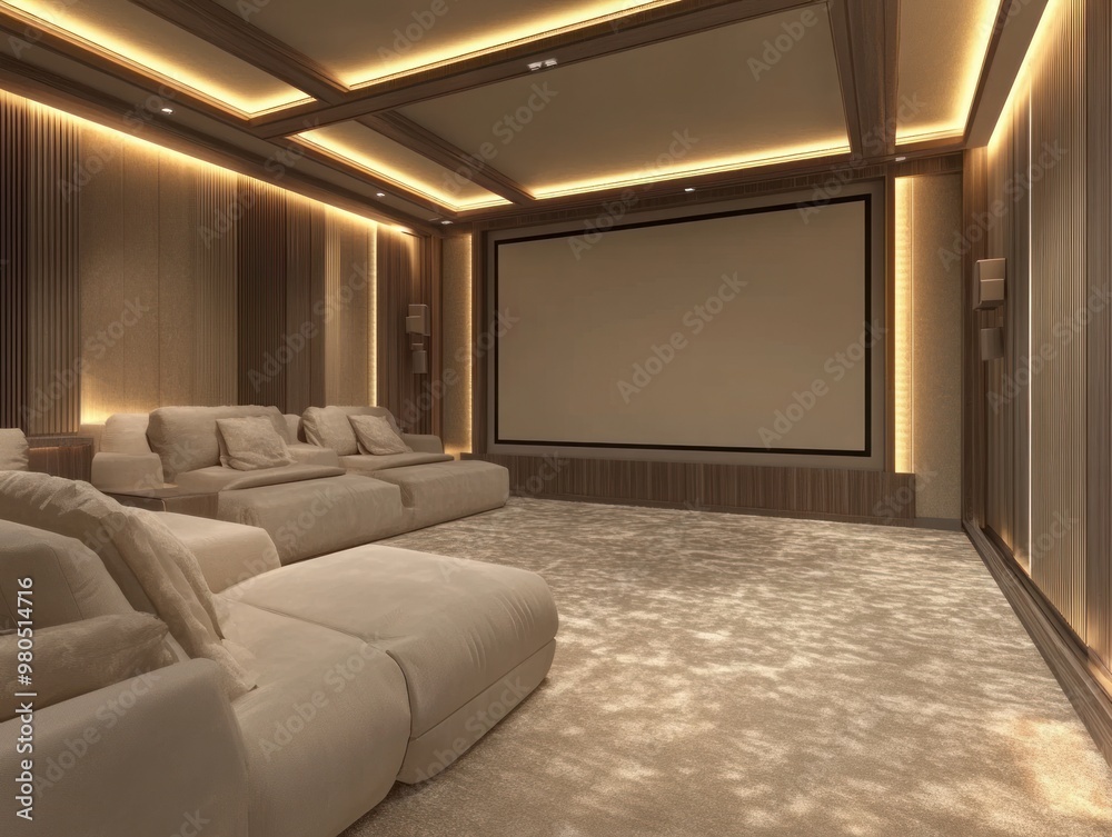 Fototapeta premium modern home cinema room in light colors with a blank big screen