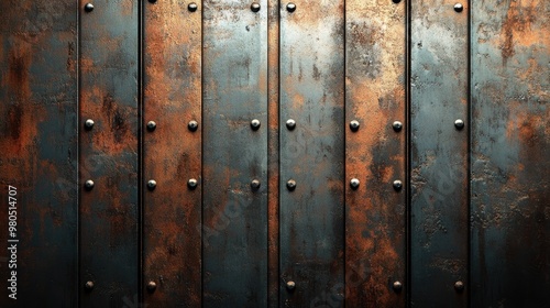 Rusted metal panels with rivets, showcasing industrial texture.