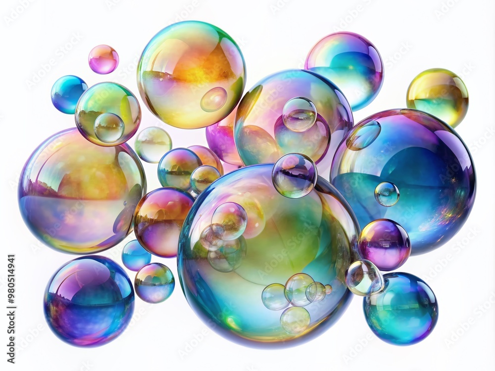 Vibrant iridescent soap bubbles float in mid-air against a soft, pure white minimalist background, showcasing their mesmerizing colors and delicate, translucent textures. Vibrant iridescent soap bubbles float in mid-air against a soft, pure white minimalist background, showcasing their mesmerizing colors and delicate, translucent textures.