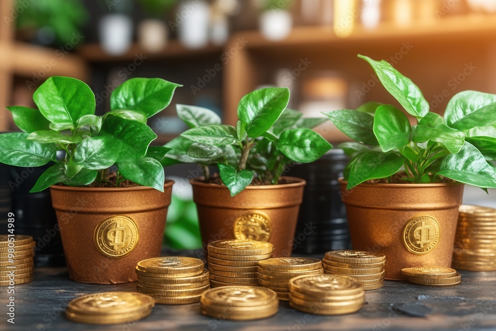 Vibrant green plants in decorative pots surrounded by coins, symbolizing growth and prosperity in a cozy setting.