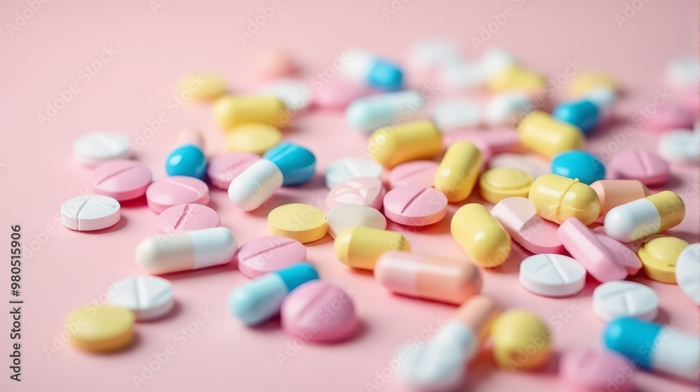 Diverse Array of Pills and Capsules Scattered in a Random Pattern, Pills Vary in Shape and Size on a Solid color Background Diverse Array of Pills and Capsules Scattered in a Random Pattern, Pills Vary in Shape and Size on a Solid color Background