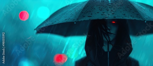 Mysterious Woman with Umbrella in Rainy Night, a haunting figure shrouded in darkness, gripping an umbrella from which eerie black tentacles emerge, evoking a sense of dread and intrigue.
