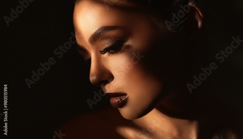 Close-up portrait of a woman with downcast eyes in dramatic lighting, casting soft shadows across her face for an artistic effect.