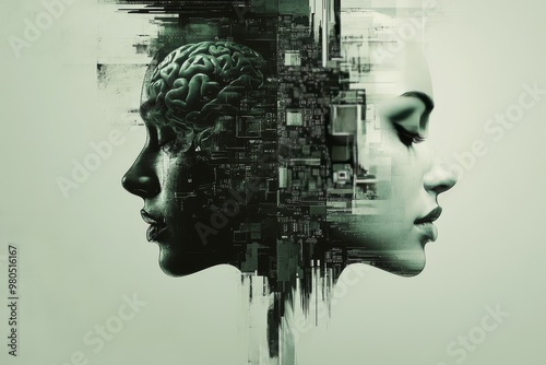 Abstract dual human faces with mechanical elements fused into their heads symbolizing the contrast between human identity and robotic integration in advanced artificial intelligence photo