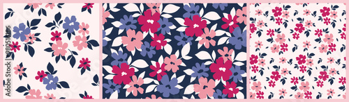 Seamless floral pattern, liberty ditsy print, abstract ornament in country motif. Cute botanical design set: small hand drawn flowers, tiny leaves, simple purple, pink bouquets. Vector illustration.