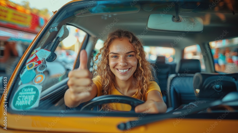 Happy young caucasian woman sitting in new car and showing the keys while giving thumb up, smiling at the camera. Happy young caucasian woman sitting in new car and showing the keys while giving thumb up, smiling at the camera.