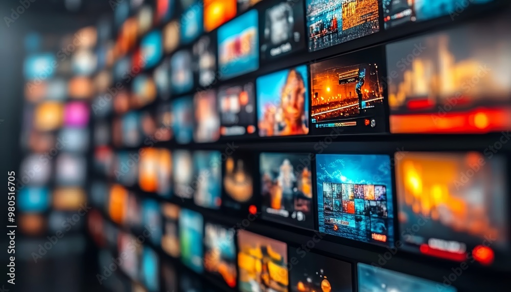 Wall of Video Streaming Services, Showing Thumbnail Previews With Colorful Moving Images and Text. Wall of Video Streaming Services, Showing Thumbnail Previews With Colorful Moving Images and Text.