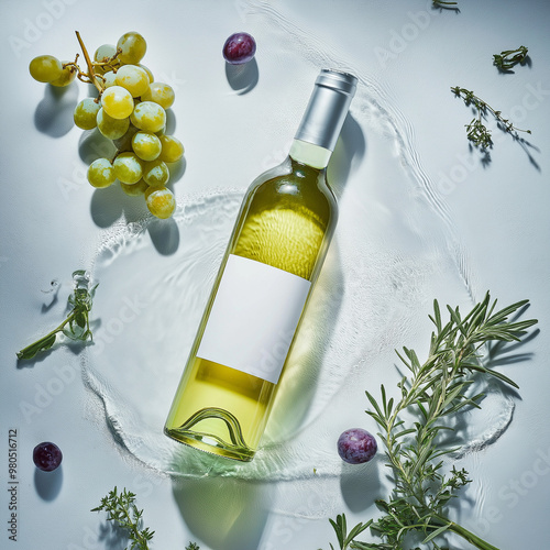 Product photography of a white wine bottle laying on water, surrounded by grapes and herbs with a blank label for text in the middle of the photo, on a light grey background