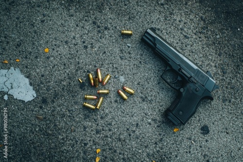 Crime scene investigation, Pistol and bullet shells against the crime marker on the ground