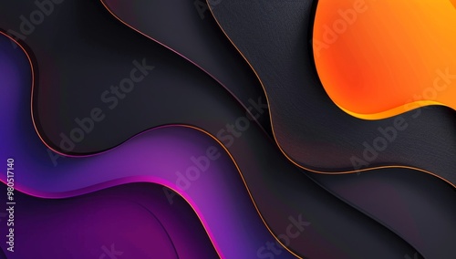 Abstract background. Windows wallpaper, black, purple, and orange gradient curved shape, glowing wavy shapes on a deep black backdrop, perfect for adding creativity and energy to digital projects