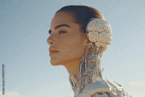 Woman with biomechanical components integrated into her body symbolizing transhumanism and the future of human enhancement through advanced robotics and artificial intelligence photo