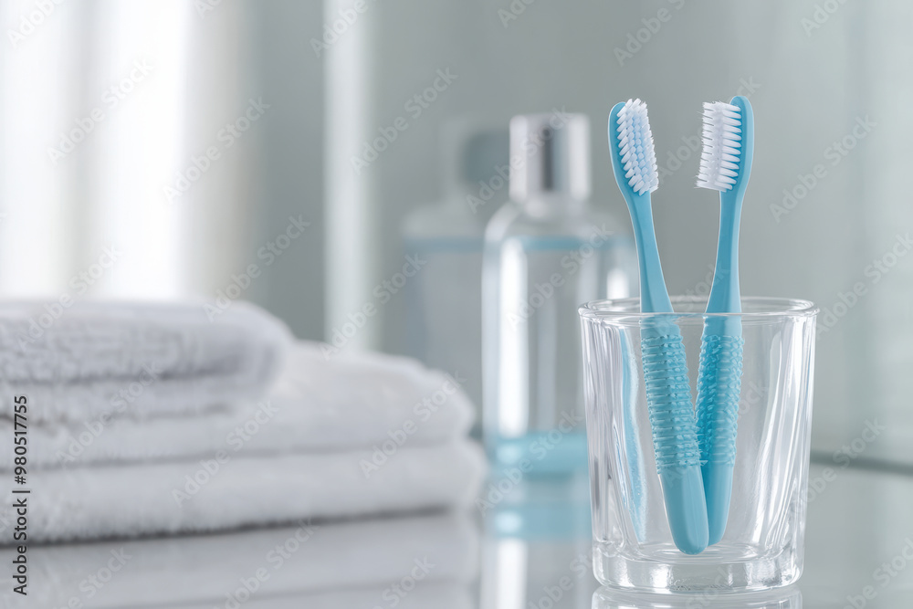 Pair of Blue Toothbrushes in a Glass by Towels and Mouthwash Pair of Blue Toothbrushes in a Glass by Towels and Mouthwash