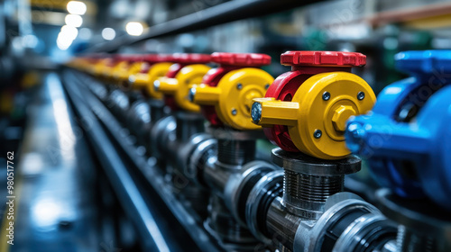 Colorful industrial pipeline valves in a factory workshop setting