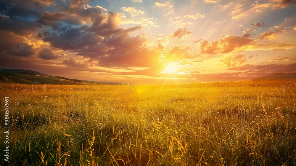 Golden sunrise over a grassy field with vibrant sunlight breaking through clouds Golden sunrise over a grassy field with vibrant sunlight breaking through clouds