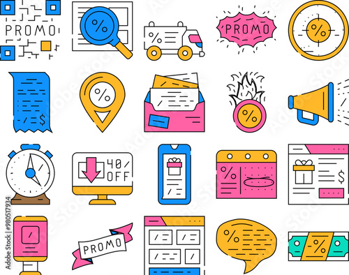 Promo And Advertising Coupon Icons Set Vector. Qr Code On Sale Discount And Newsletter With Advertise Messenger, Promo Street Banner And Promotional Ribbon color Contour Illustrations