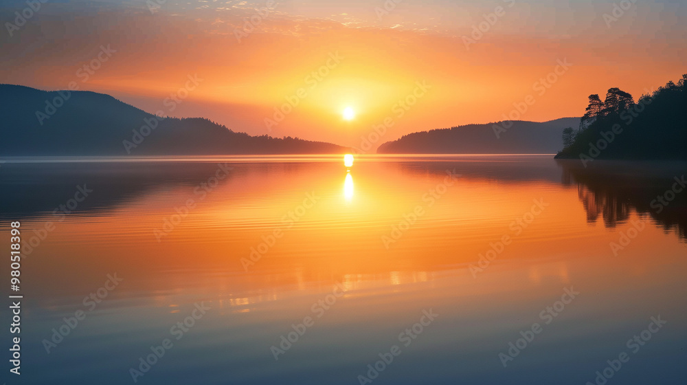 Misty sunrise over calm lake with reflections of trees and soft morning light Misty sunrise over calm lake with reflections of trees and soft morning light
