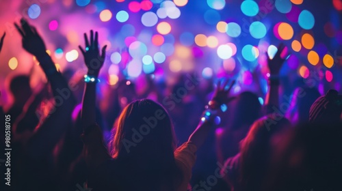 Energetic crowd gathered at a vibrant party with colorful lights illuminating the scene creating a dynamic festive atmosphere
