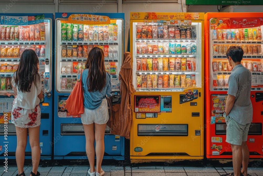 Three people standing in front of vending machines Three people standing in front of vending machines
