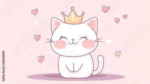 Wallpaper Mural An adorable kitten with a playful smile, wearing a small crown and surrounded by sparkles and hearts in a delightful kawaii style. This charming illustration captures the essence of cuteness and joy,  Torontodigital.ca