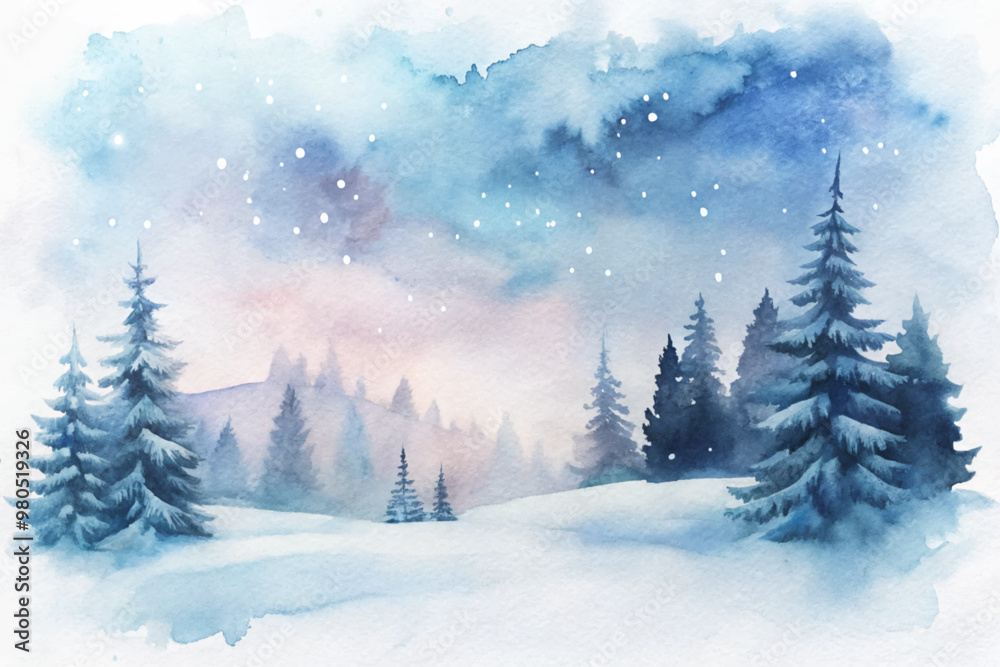 Fototapeta premium A painting of a snowy forest with pine trees and a sky full of stars