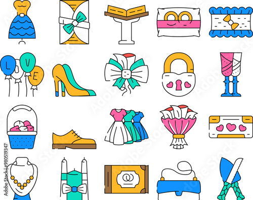Bridal Shop Fashion Boutique Icons Set Vector. Dress For Bride And Costume For Groom, Garment For Bridesmaid And Candles, Ring And Wedding Album Selling In Bridal Shop color Contour Illustrations
