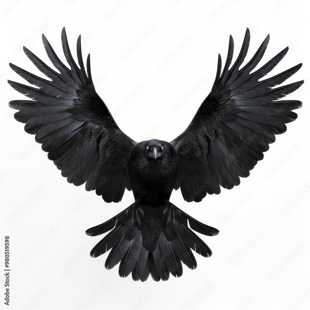 Fototapeta premium Raven with wings slightly spread, black feathers, sharp beak and intense eyes, isolated on a white background. 