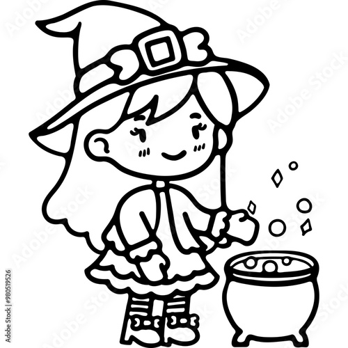 cute halloween witch costume illustration for card website, application, printing, document, poster design, etc.