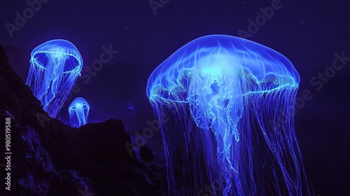 A mesmerizing scene of amazing glowing jellyfish floating gracefully in the deep ocean. Their ethereal luminescence creates a captivating underwater spectacle, photo