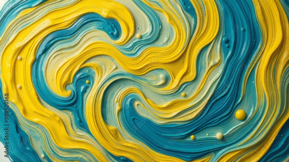 A stylized, interconnected circle of colors, predominantly blue and yellow, with waves and geometric shapes, conveying A stylized, interconnected circle of colors, predominantly blue and yellow, with waves and geometric shapes, conveying