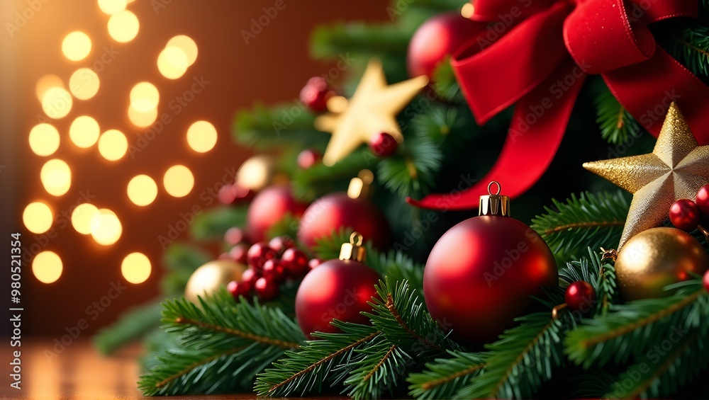 Christmas wreath with red baubles, golden stars, and a red ribbon bow, set against a cozy bokeh light background Christmas wreath with red baubles, golden stars, and a red ribbon bow, set against a cozy bokeh light background
