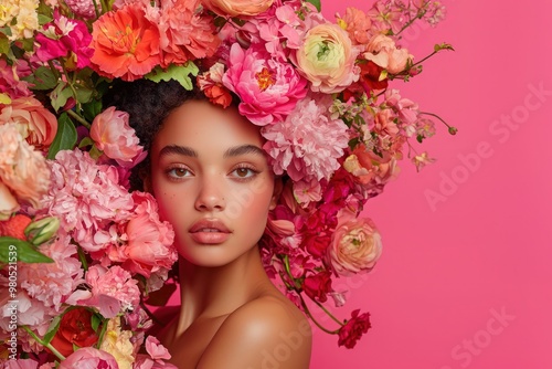 Artistic portrait of a woman adorned with floral arrangements, set against a vibrant pink backdrop for a cosmetic brand.