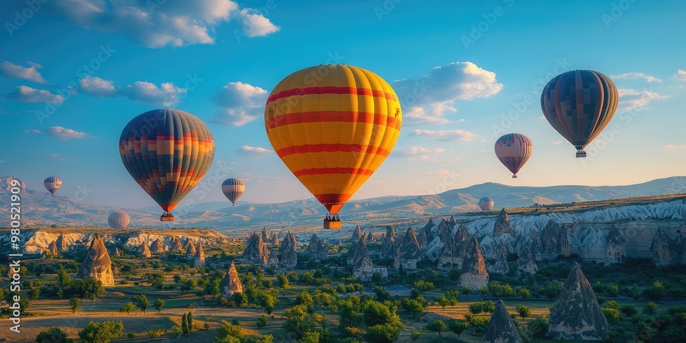 Fototapeta premium Hot air balloons floating over cappadocia turkey during magical sunrise