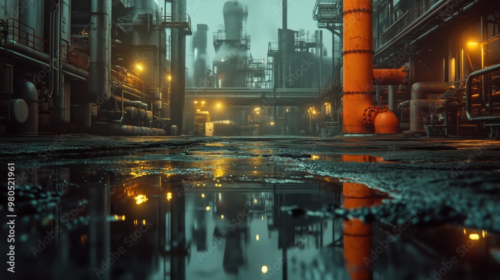 Industrial Factory at Night with Wet Ground and Reflections, Illuminated by Warm Lights, Featuring Pipes and Machinery in a Foggy Atmosphere, Capturing the Essence of Heavy Industry and Urban Decay Industrial Factory at Night with Wet Ground and Reflections, Illuminated by Warm Lights, Featuring Pipes and Machinery in a Foggy Atmosphere, Capturing the Essence of Heavy Industry and Urban Decay