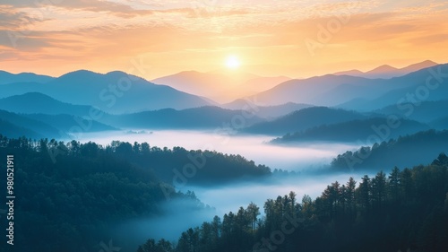 Serene Morning Sunrise over Misty Mountain Range and Forest Landscape - ai