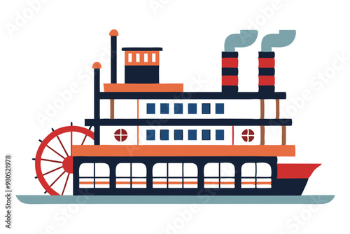 cartoon historic paddlewheel boat navigating river, passenger transport, travel