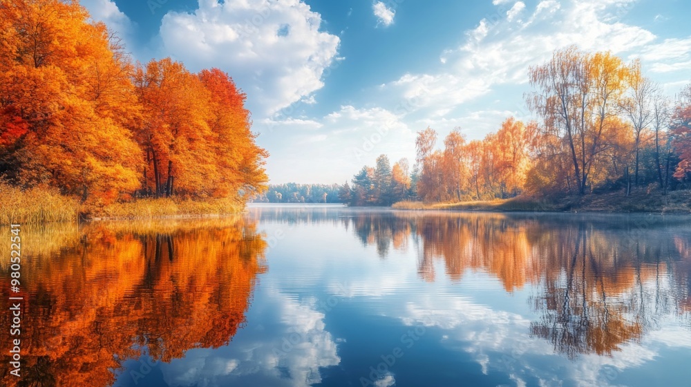 Bright orange and yellow leaves frame a tranquil lake reflecting the autumn sky and colorful trees. The peaceful waters mirror the vibrant scenery under soft clouds at midday. Bright orange and yellow leaves frame a tranquil lake reflecting the autumn sky and colorful trees. The peaceful waters mirror the vibrant scenery under soft clouds at midday.