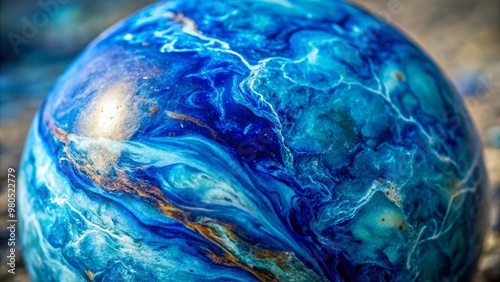 Vibrant blue marble's intricate patterns and textures come alive in a stunning close-up, highlighting the unique characteristics of this mesmerizing natural stone's swirling design. photo