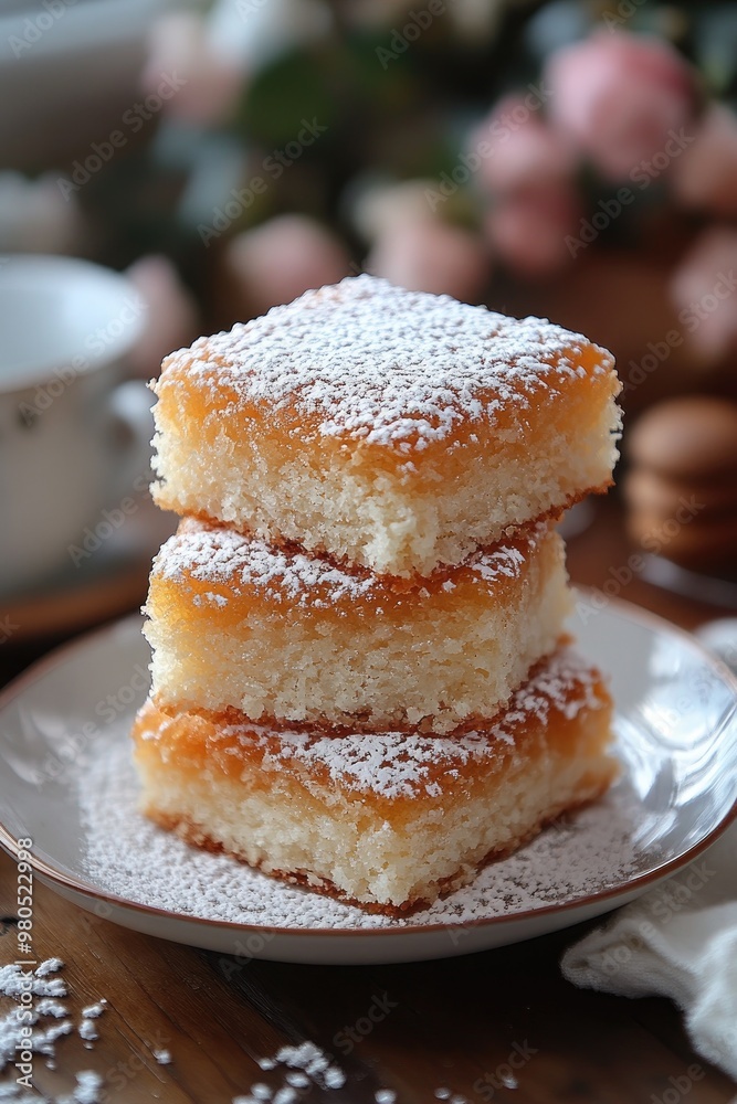 Delicious square sponge cakes layered on plate with powdered sugar Delicious square sponge cakes layered on plate with powdered sugar