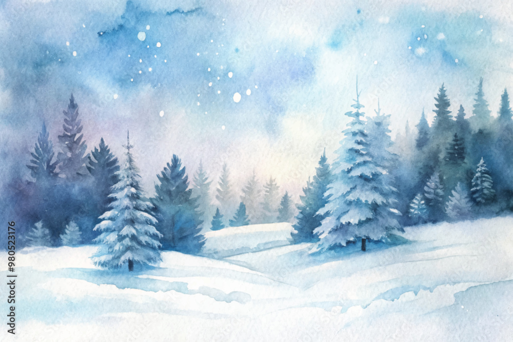 A painting of a snowy forest with two pine trees in the foreground A painting of a snowy forest with two pine trees in the foreground