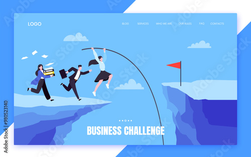 Business people runs and jumps pole vault over abyss flat style design vector illustration business concept. Business growth and goal achievement concept.