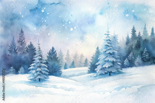 A painting of a snowy forest with two pine trees in the foreground