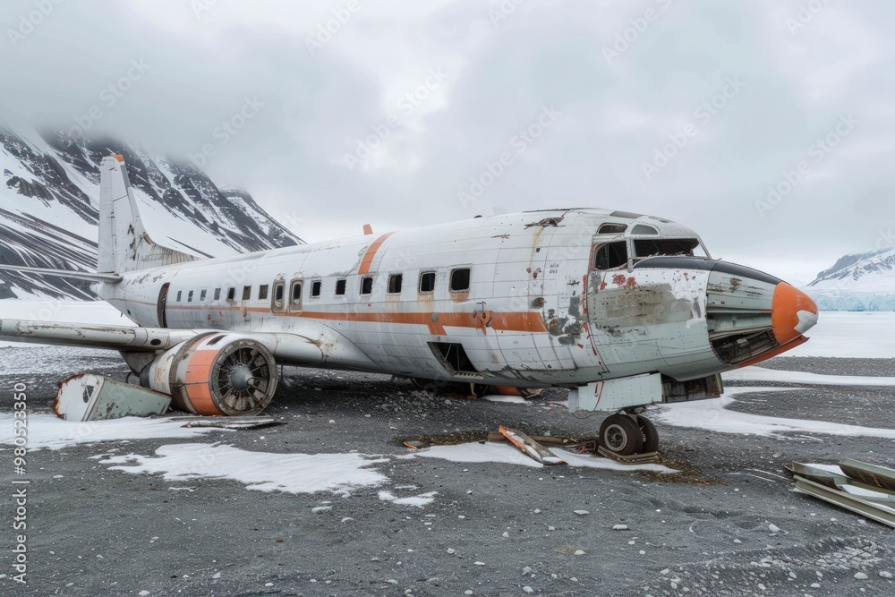 Naklejka premium A wrecked airplane rests on a snowy, rocky surface with mountains in the background.