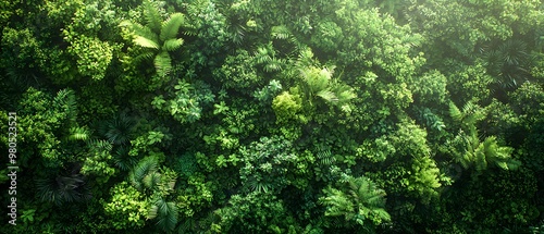 Panoramic view of a dense green forest, viewed from above with low contrast and subtle textures. The 3D design highlights the natural beauty of the treetops