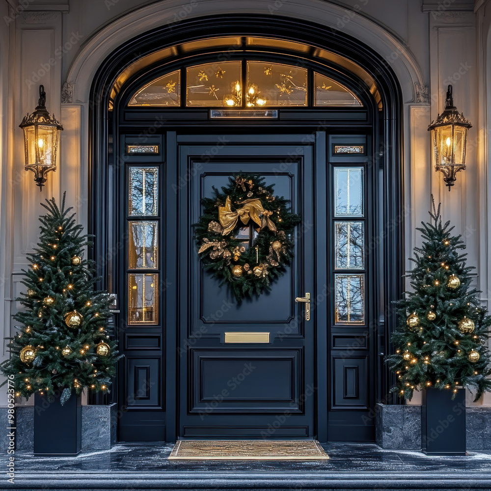 Main door to the luxury house with christmas decoration, beautiful festive entrance, modern and elegant door, Winter time, Mockup Main door to the luxury house with christmas decoration, beautiful festive entrance, modern and elegant door, Winter time, Mockup