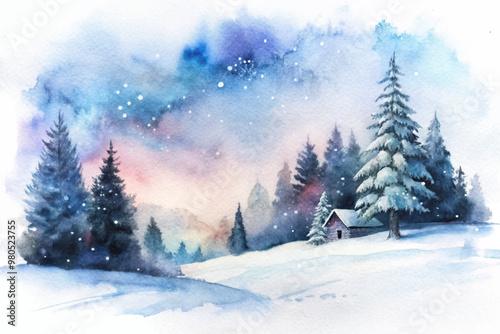 A painting of a snowy landscape with a cabin in the distance